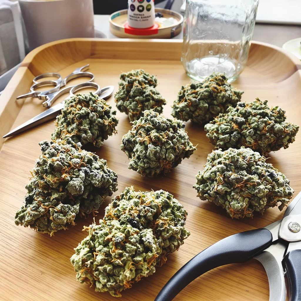 Pink Mango 48% indica / 52% sativa — flor con tricomas visibles