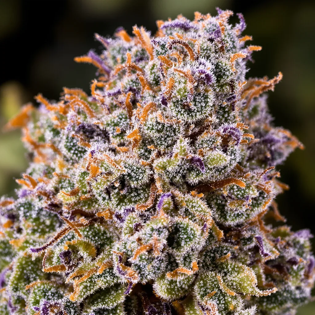 Primer plano de cogollo de cannabis Pink Mango mostrando estructura equilibrada con tricomas escarchados