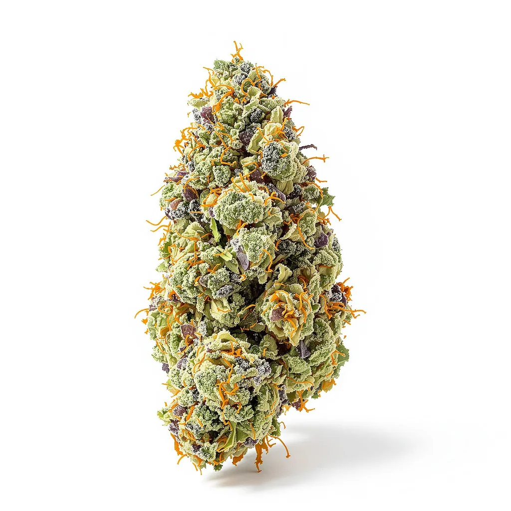 Pink Mango 48% indica / 52% sativa — flor con tricomas visibles