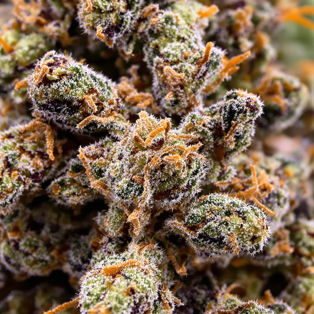 Primer plano de cogollo de cannabis Pink Panther mostrando cálices densos con tonos morados