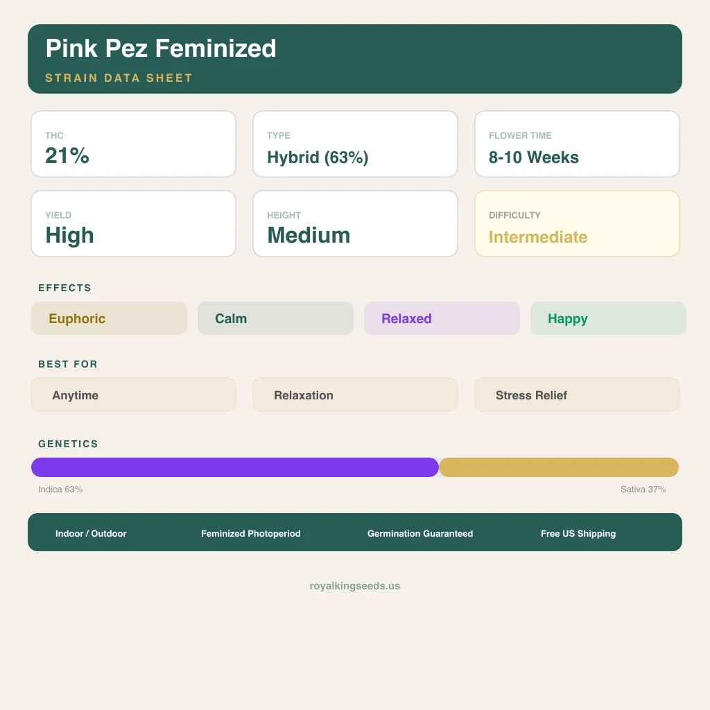 Pink Pez 63% indica / 37% sativa — flor con tricomas visibles