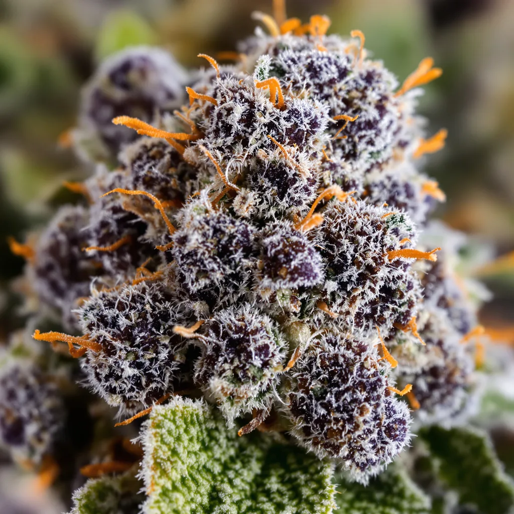 Primer plano de cogollo de cannabis Pitbull Pit mostrando cálices densos con tonos morados