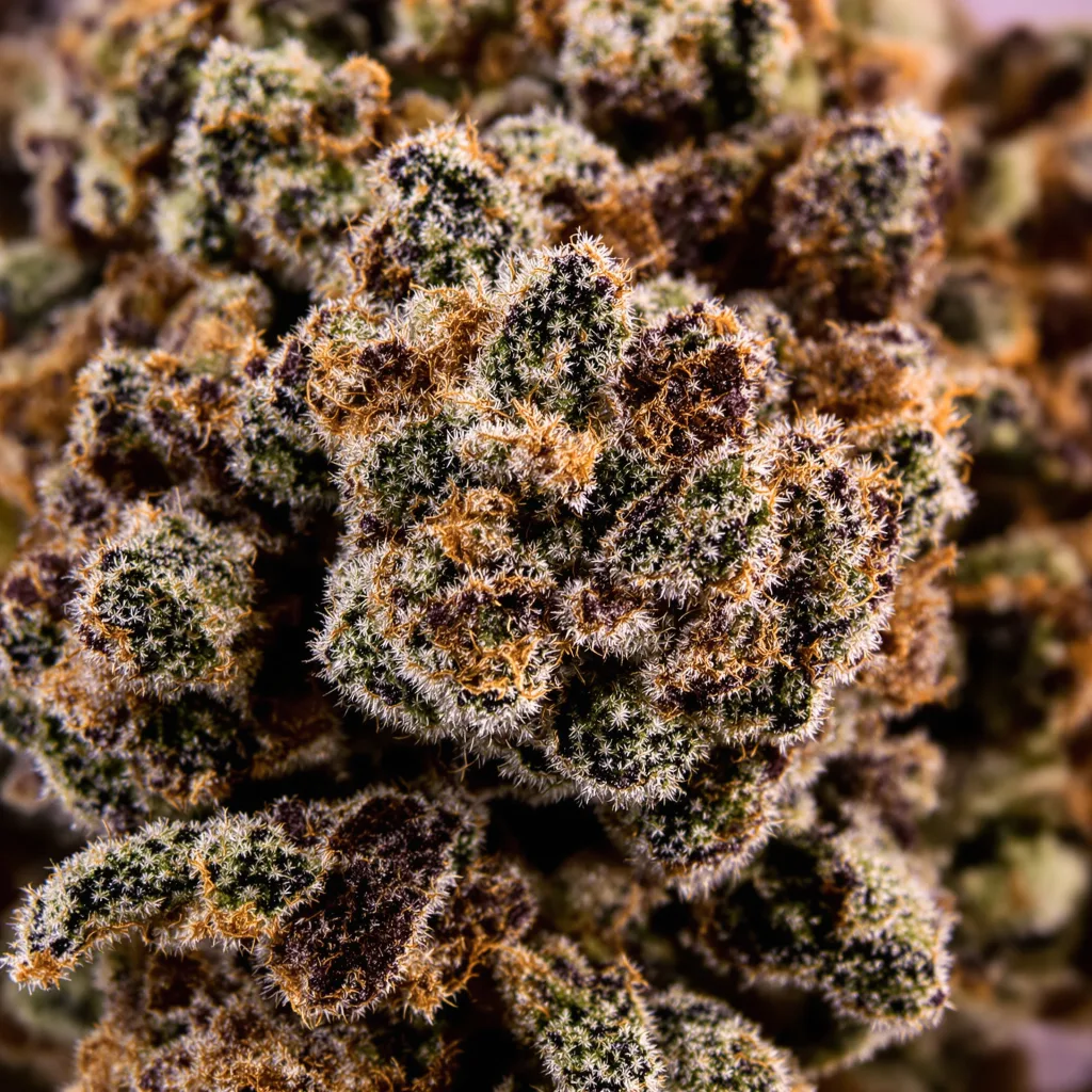 Primer plano de cogollo de cannabis Platinum Bubba mostrando cálices densos con tonos morados
