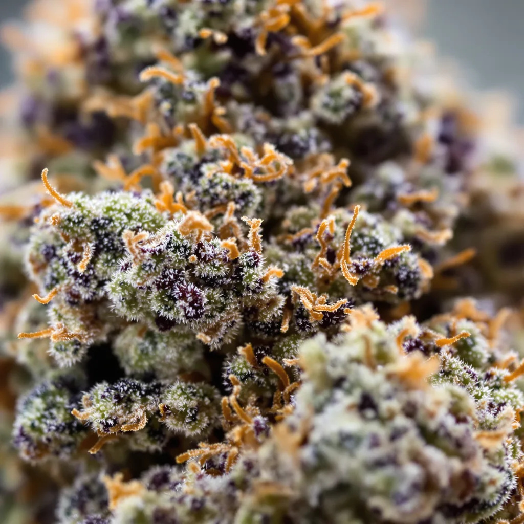 Primer plano de cogollo de cannabis Platinum Bubba Kush mostrando cálices densos con tonos morados