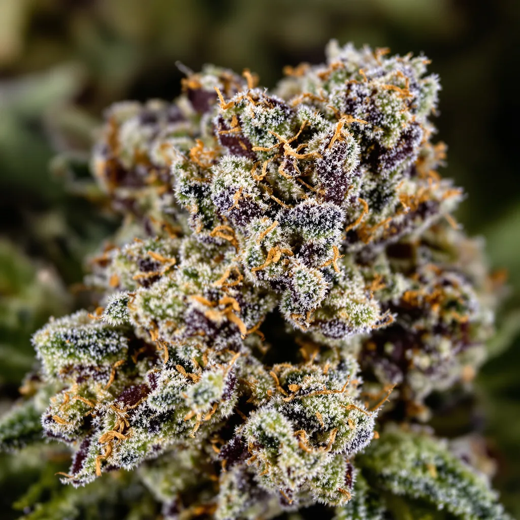 Primer plano de cogollo de cannabis Platinum Bubba Kush mostrando cálices densos con tonos morados