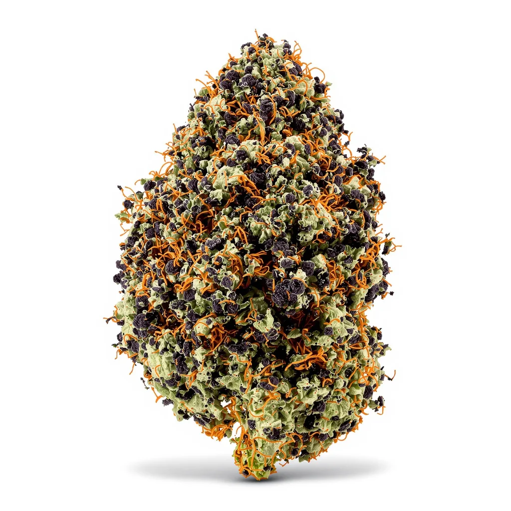 Platinum Bubba Kush 70% indica / 20% sativa — flor con tricomas visibles