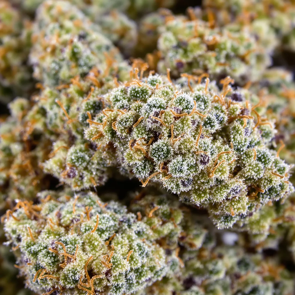 Primer plano de cogollo de cannabis Platinum GSC mostrando cogollos densos verde bosque