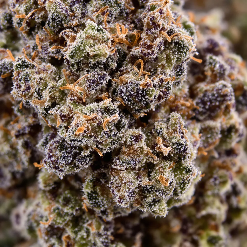 Primer plano de cogollo de cannabis Platinum Kush mostrando cálices densos con tonos morados