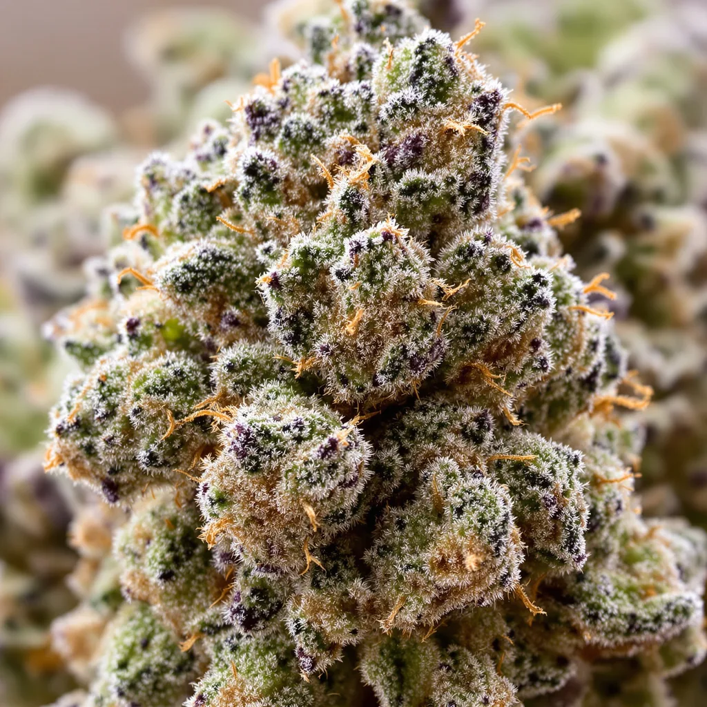 Primer plano de cogollo de cannabis Platinum OG mostrando cogollos densos verde bosque