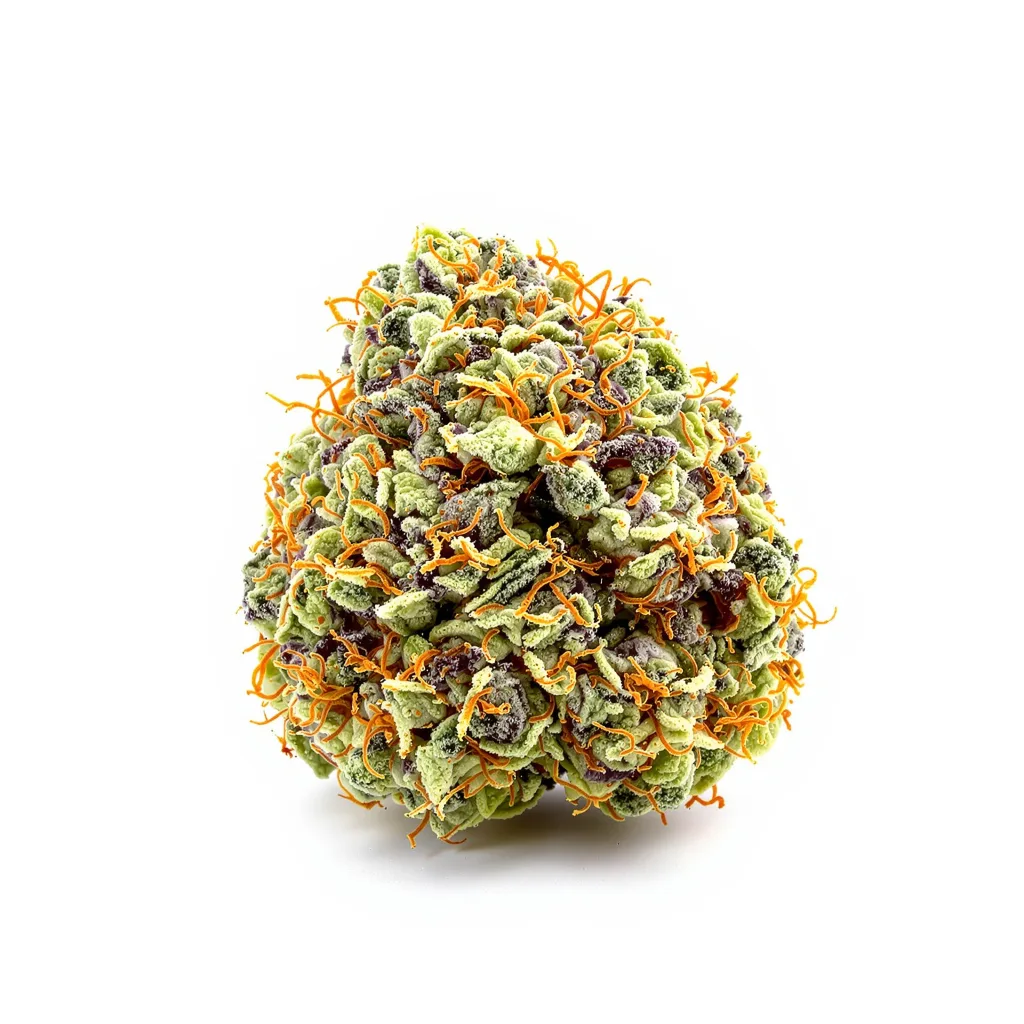 Platinum OG 62% indica / 38% sativa — flor con tricomas visibles