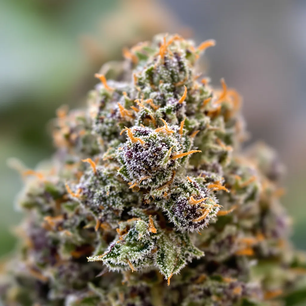 Primer plano de cogollo de cannabis Platinum Purple Kush mostrando cálices densos con tonos morados