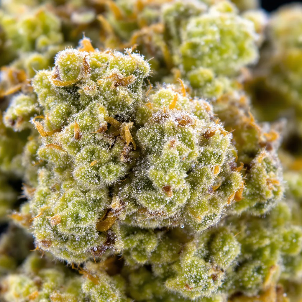 Primer plano de cogollo de cannabis Platinum Wreck mostrando estructura aireada verde lima