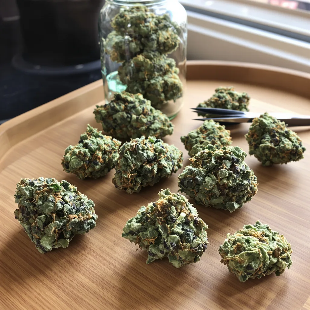 Plushberry 36% indica / 64% sativa — flor con tricomas visibles