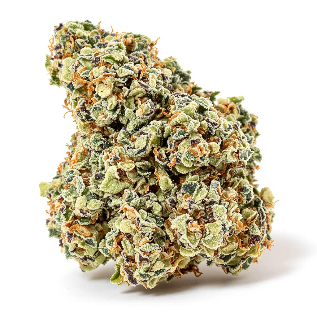 Plushberry 36% indica / 64% sativa — flor con tricomas visibles