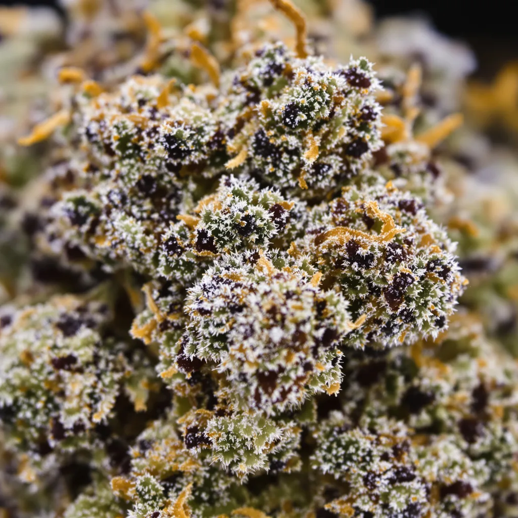 Primer plano de cogollo de cannabis Pluto Kush mostrando cálices densos con tonos morados