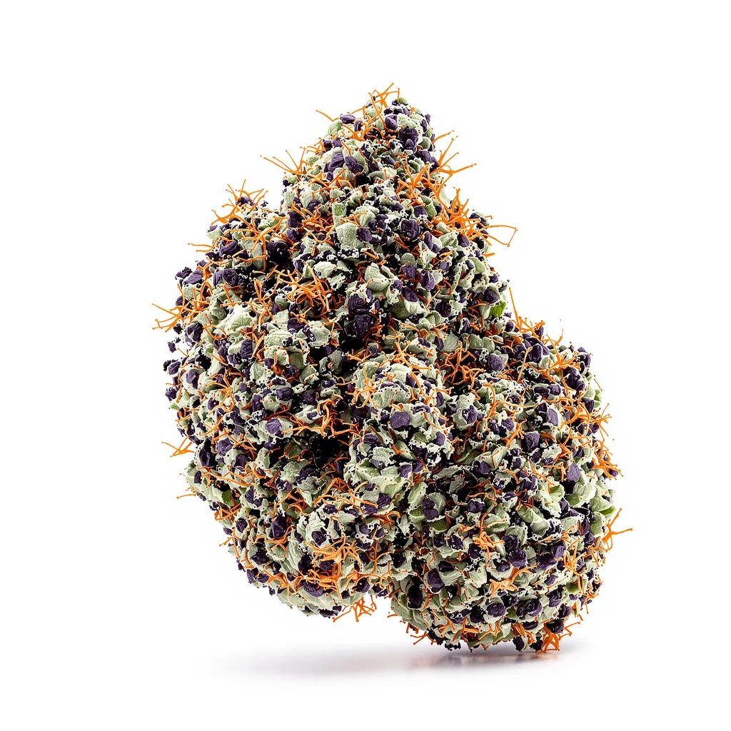 Pluto Kush 88% indica / 12% sativa — flor con tricomas visibles