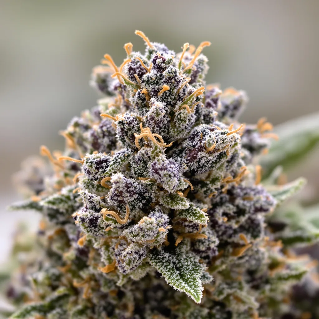 Primer plano de cogollo de cannabis Pluto Kush mostrando cálices densos con tonos morados