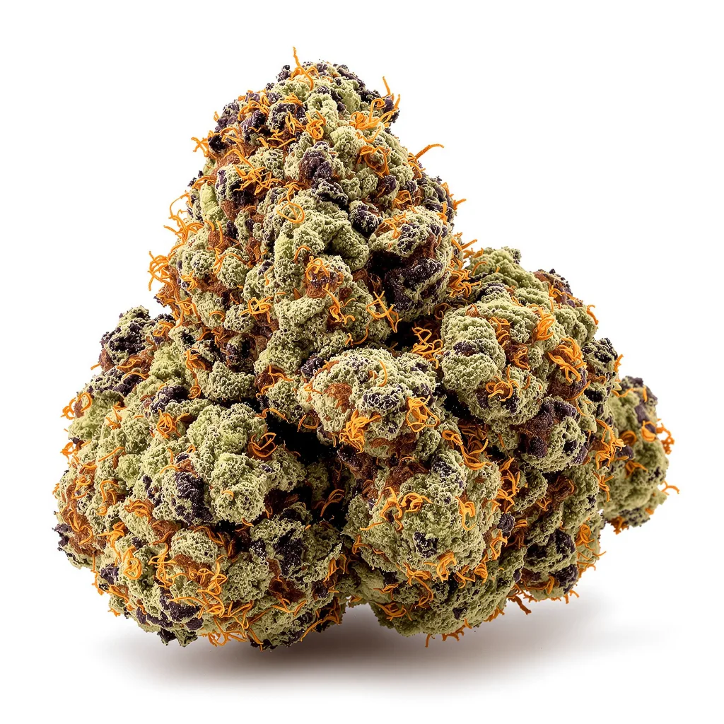 Pokie 67% indica / 33% sativa — flor con tricomas visibles
