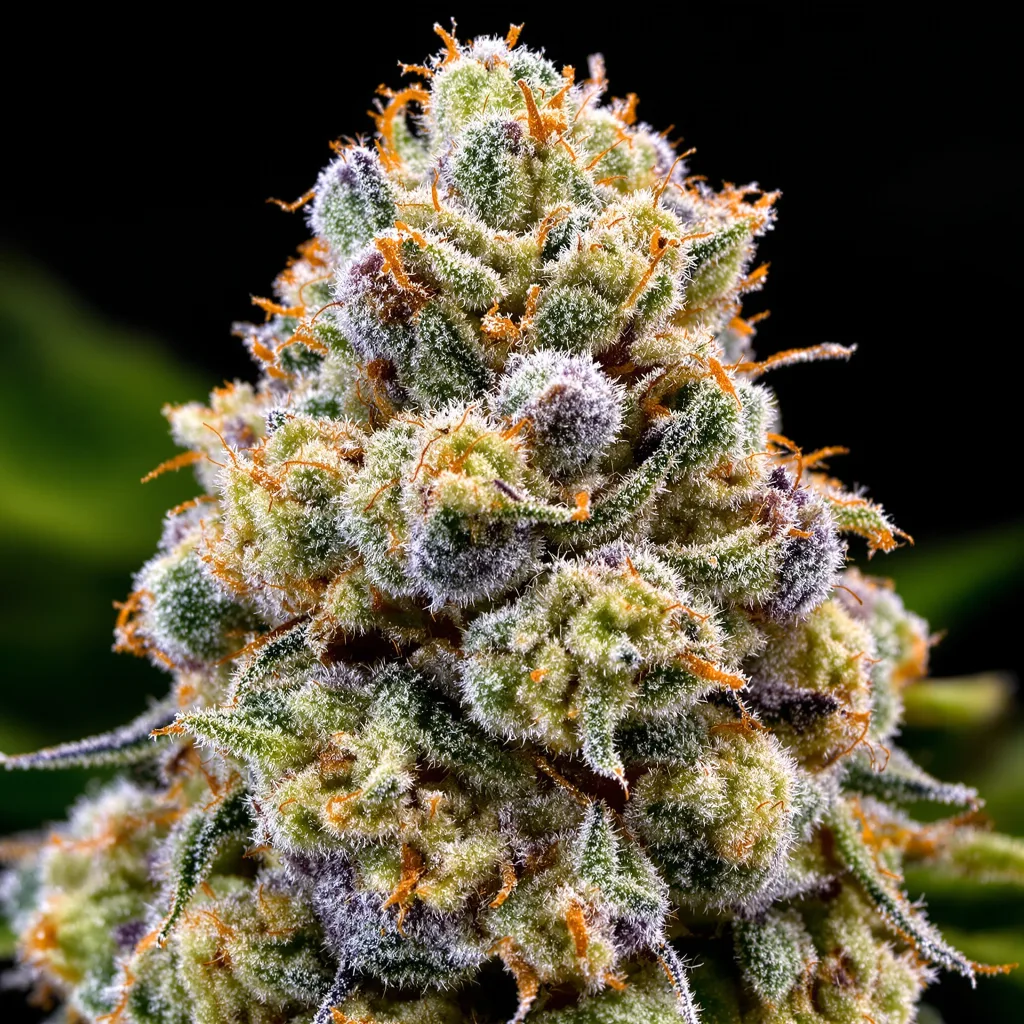 Primer plano de cogollo de cannabis Pop Rox mostrando estructura equilibrada con tricomas escarchados