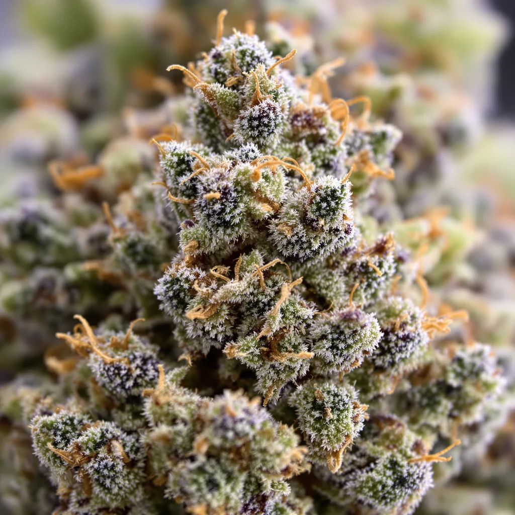 Primer plano de cogollo de cannabis Pop Rox mostrando estructura equilibrada con tricomas escarchados
