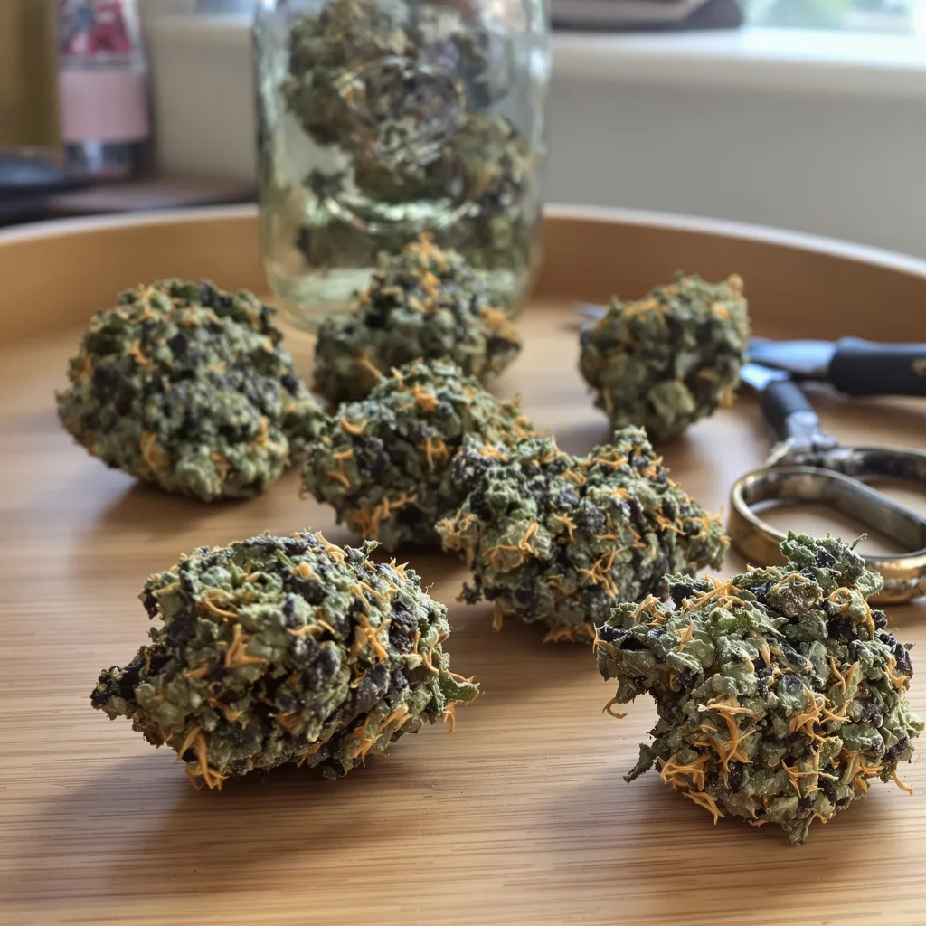 Popcorn Kush 67% indica / 33% sativa — flor con tricomas visibles