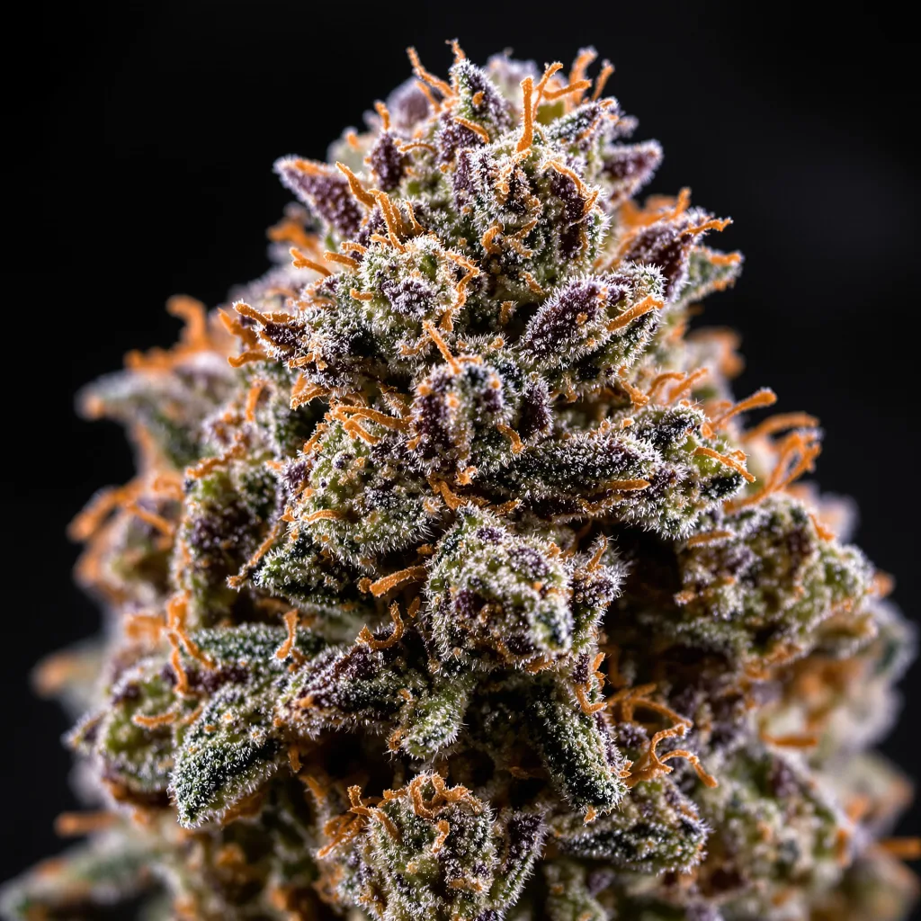 Primer plano de cogollo de cannabis Popcorn Kush mostrando cálices densos con tonos morados