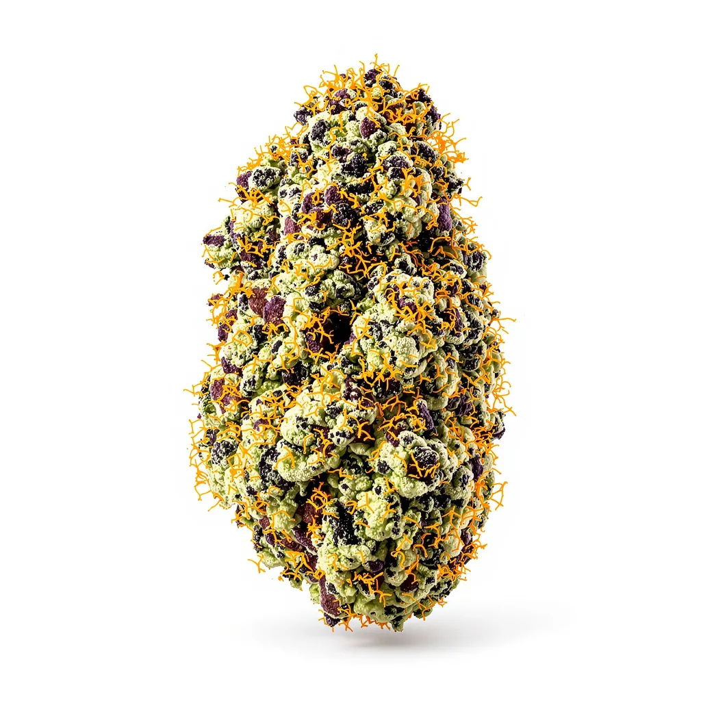 Popcorn Kush 67% indica / 33% sativa — flor con tricomas visibles