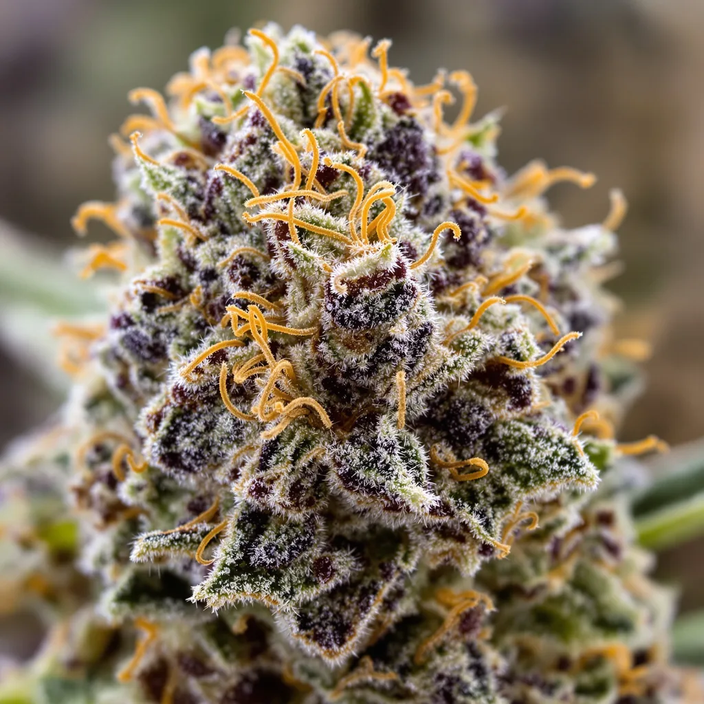 Primer plano de cogollo de cannabis Pot of Gold mostrando cálices densos con tonos morados