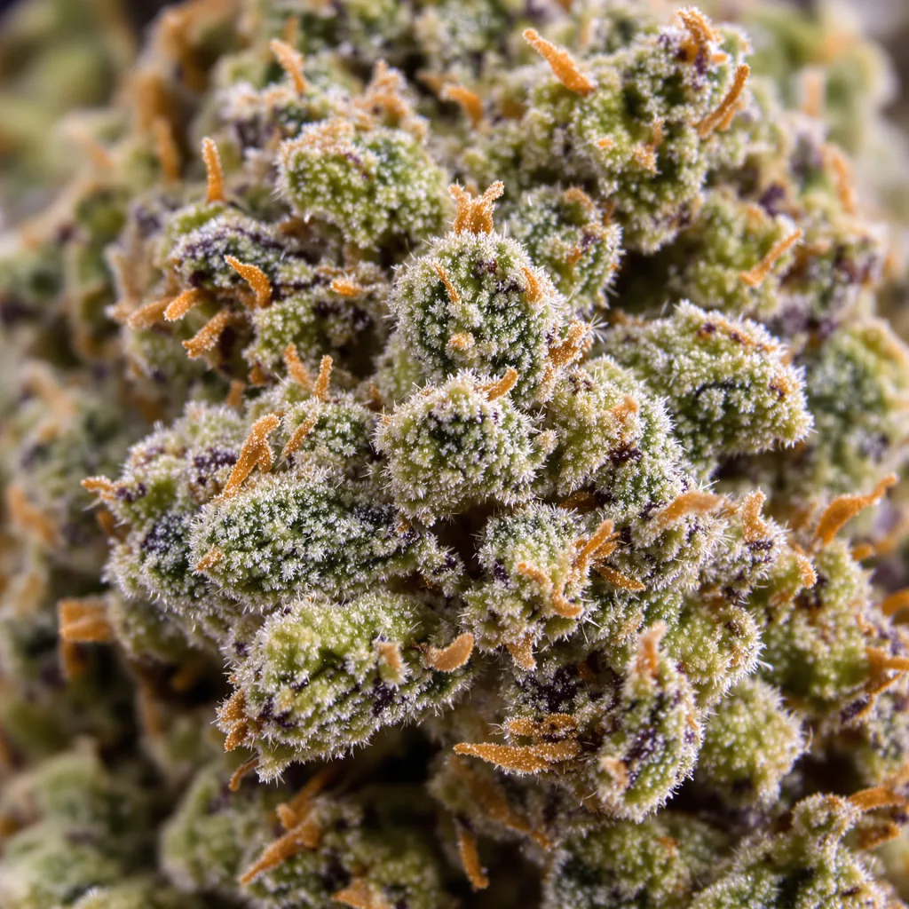 Primer plano de cogollo de cannabis Power Kush mostrando estructura equilibrada con tricomas escarchados
