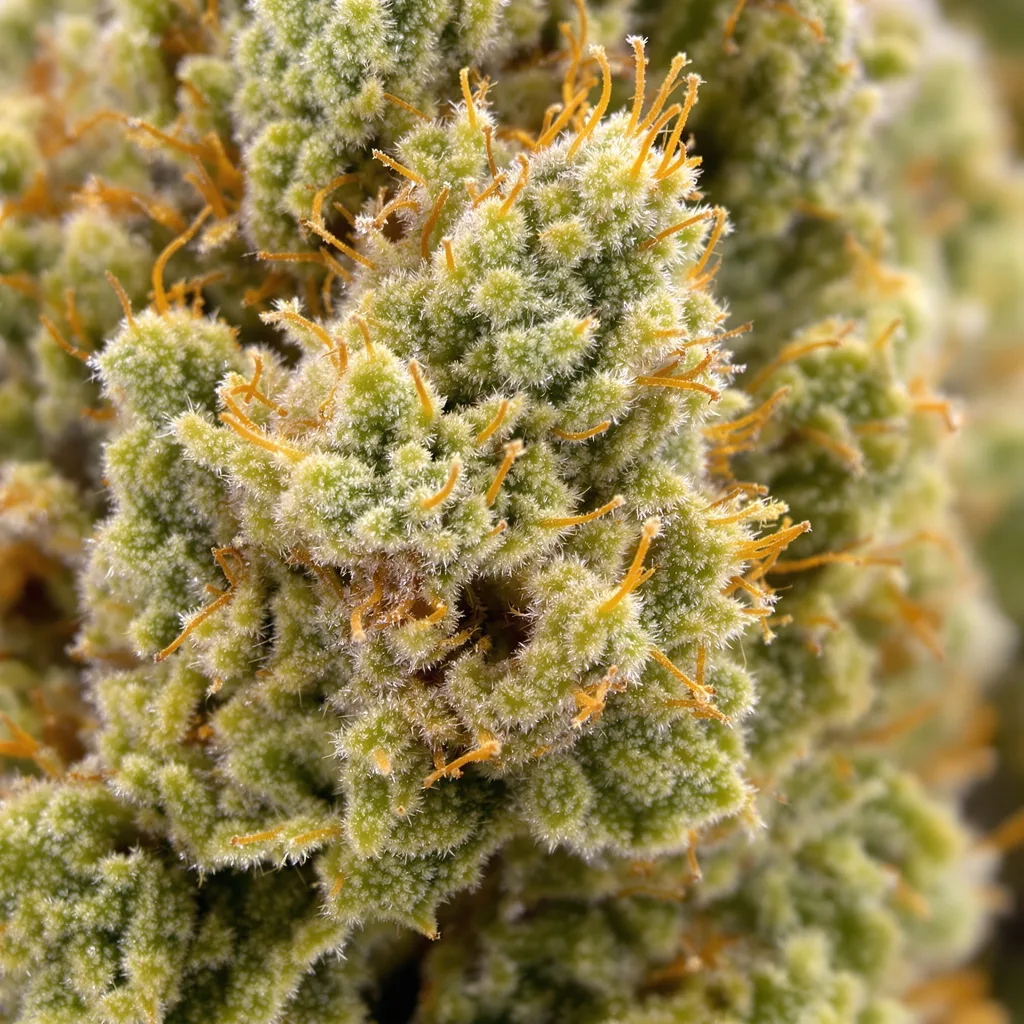 Primer plano de cogollo de cannabis Power Plant mostrando estructura aireada verde lima