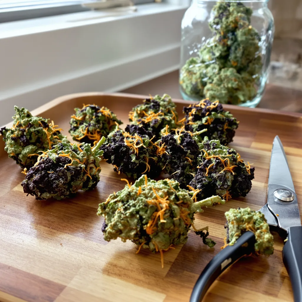 Pre-98 Bubba Kush 80% indica / 20% sativa — flor con tricomas visibles