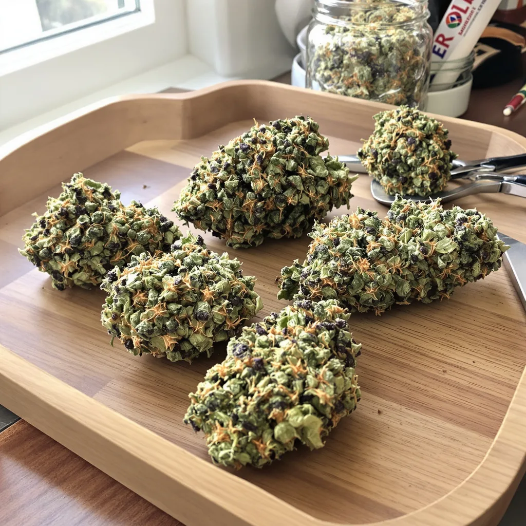 Pre-98 Bubba Kush 80% indica / 20% sativa — flor con tricomas visibles