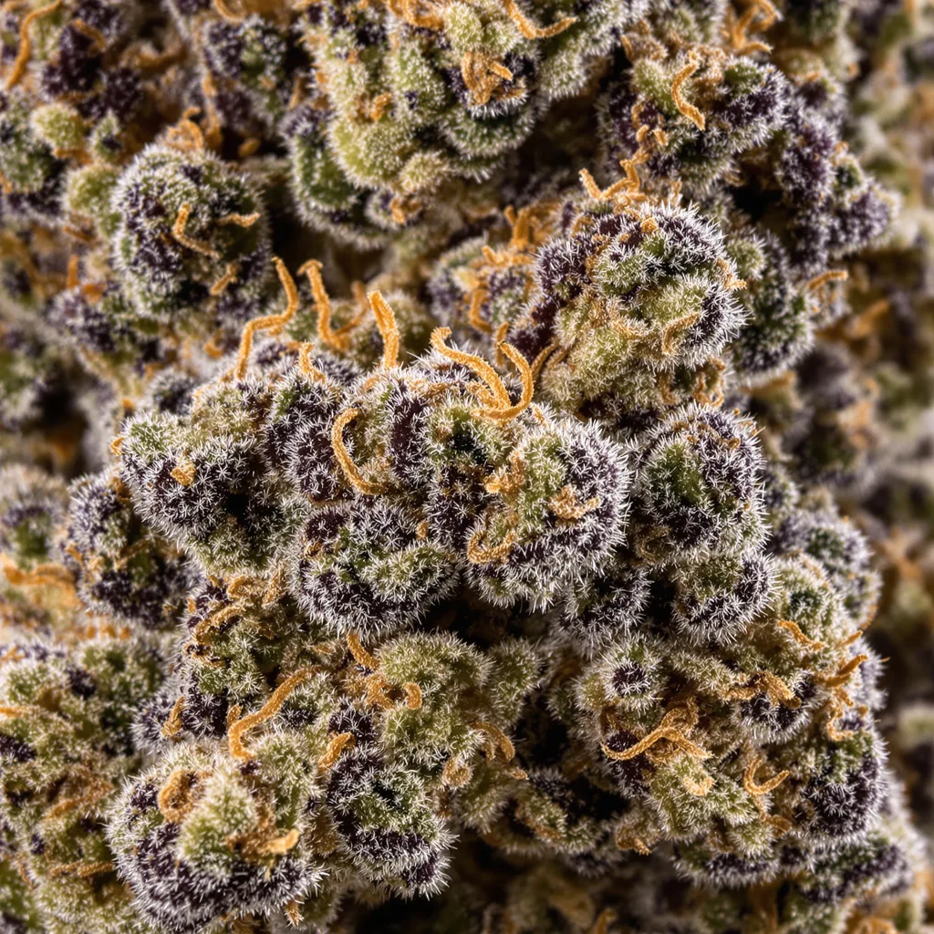 Primer plano de cogollo de cannabis Pre-98 Bubba Kush mostrando cálices densos con tonos morados