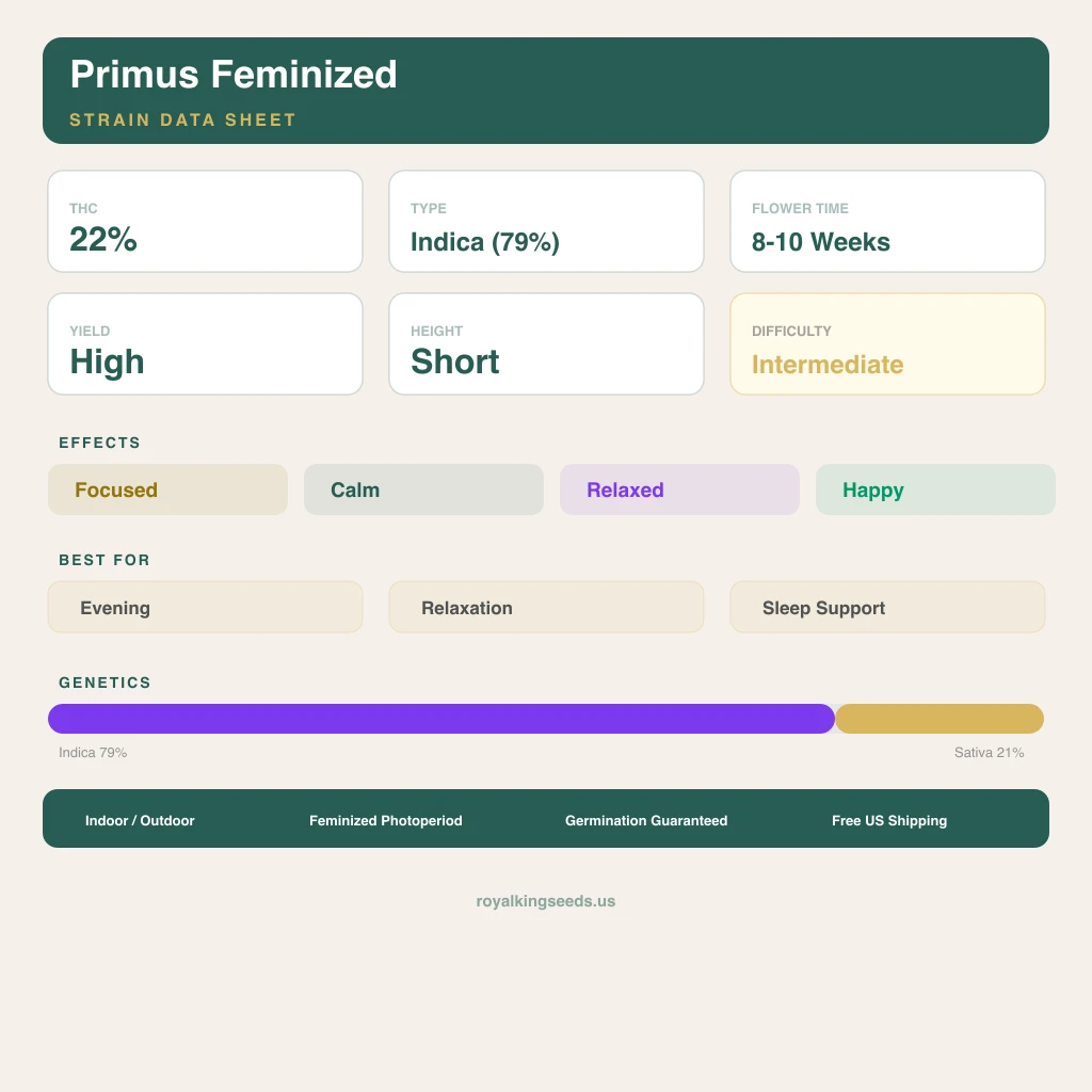 Primus 79% indica / 21% sativa — flor con tricomas visibles