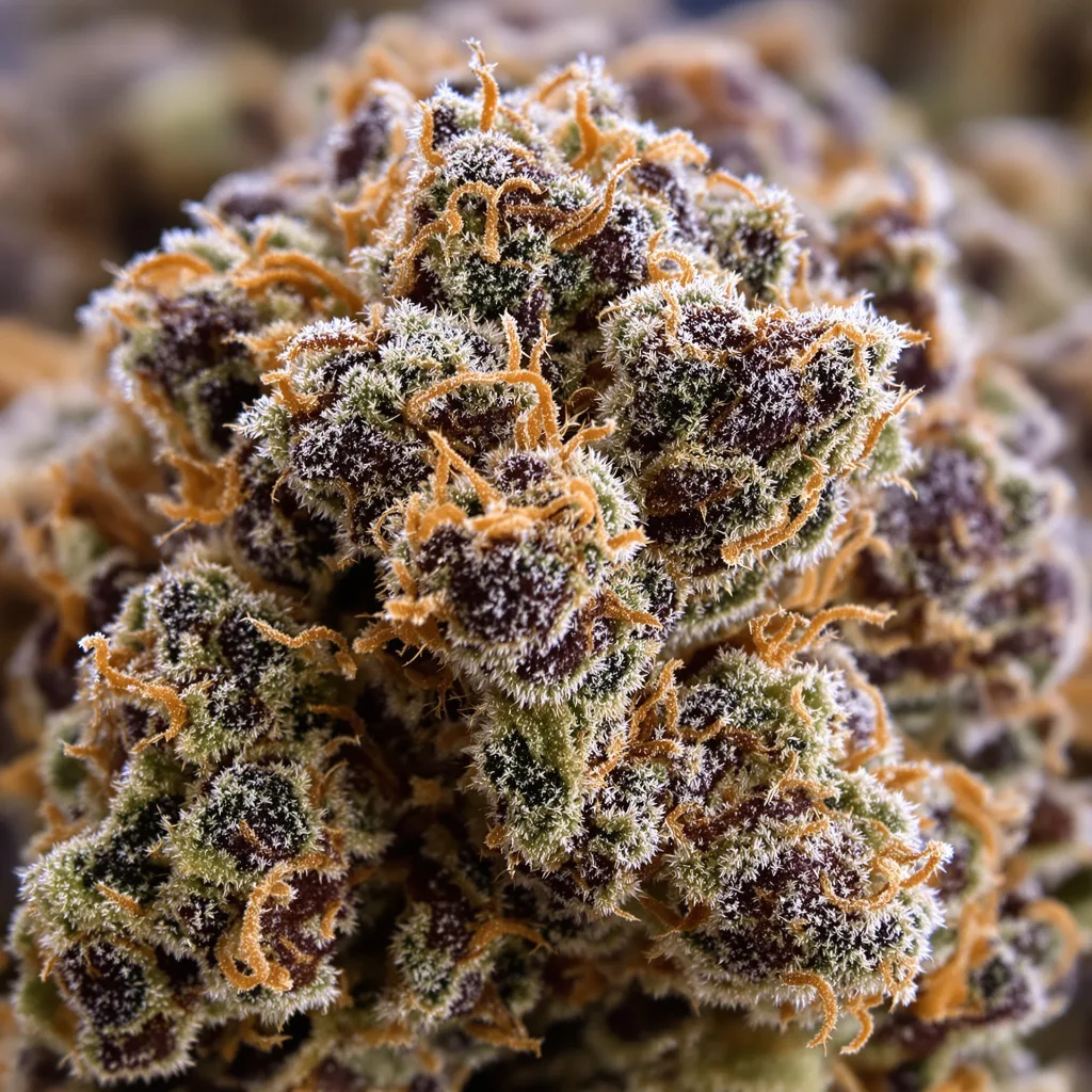 Primer plano de cogollo de cannabis Primus mostrando cálices densos con tonos morados