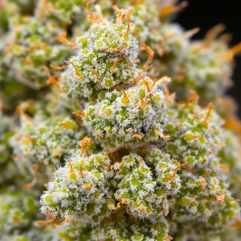 Primer plano de cogollo de cannabis Project Blue Book mostrando estructura aireada verde lima