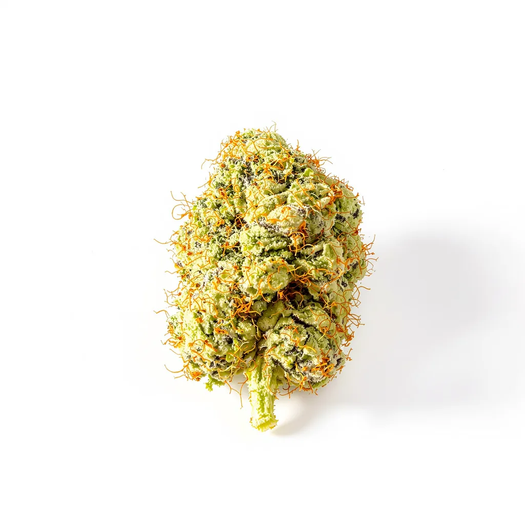 Project Blue Book 12% indica / 88% sativa — flor con tricomas visibles