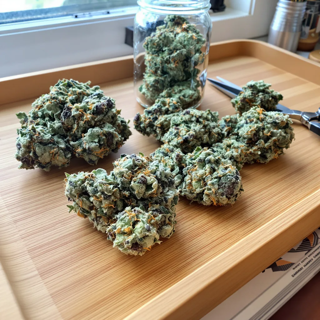 Punch Pie 46% indica / 54% sativa — flor con tricomas visibles