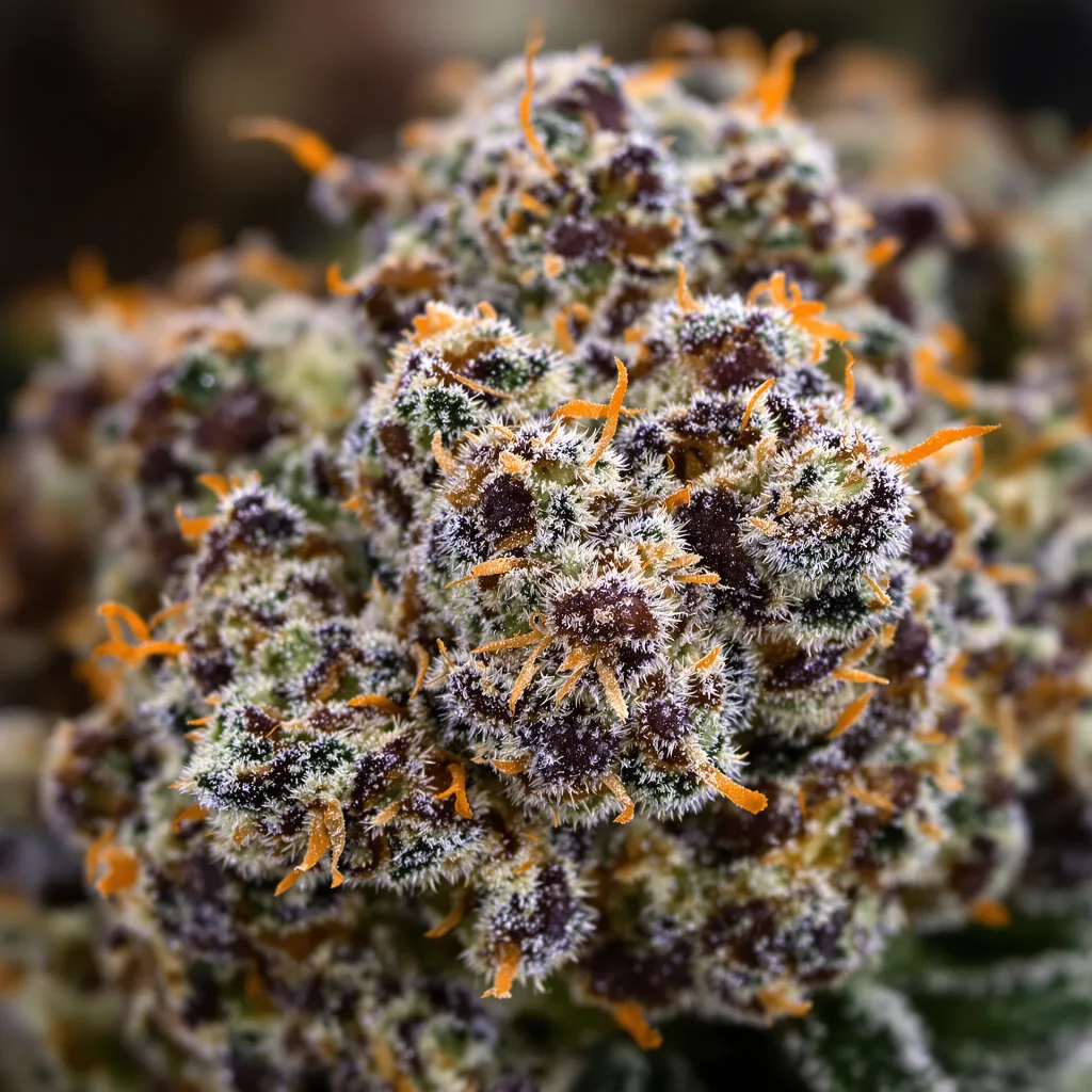Primer plano de cogollo de cannabis Punky Lion mostrando cálices densos con tonos morados