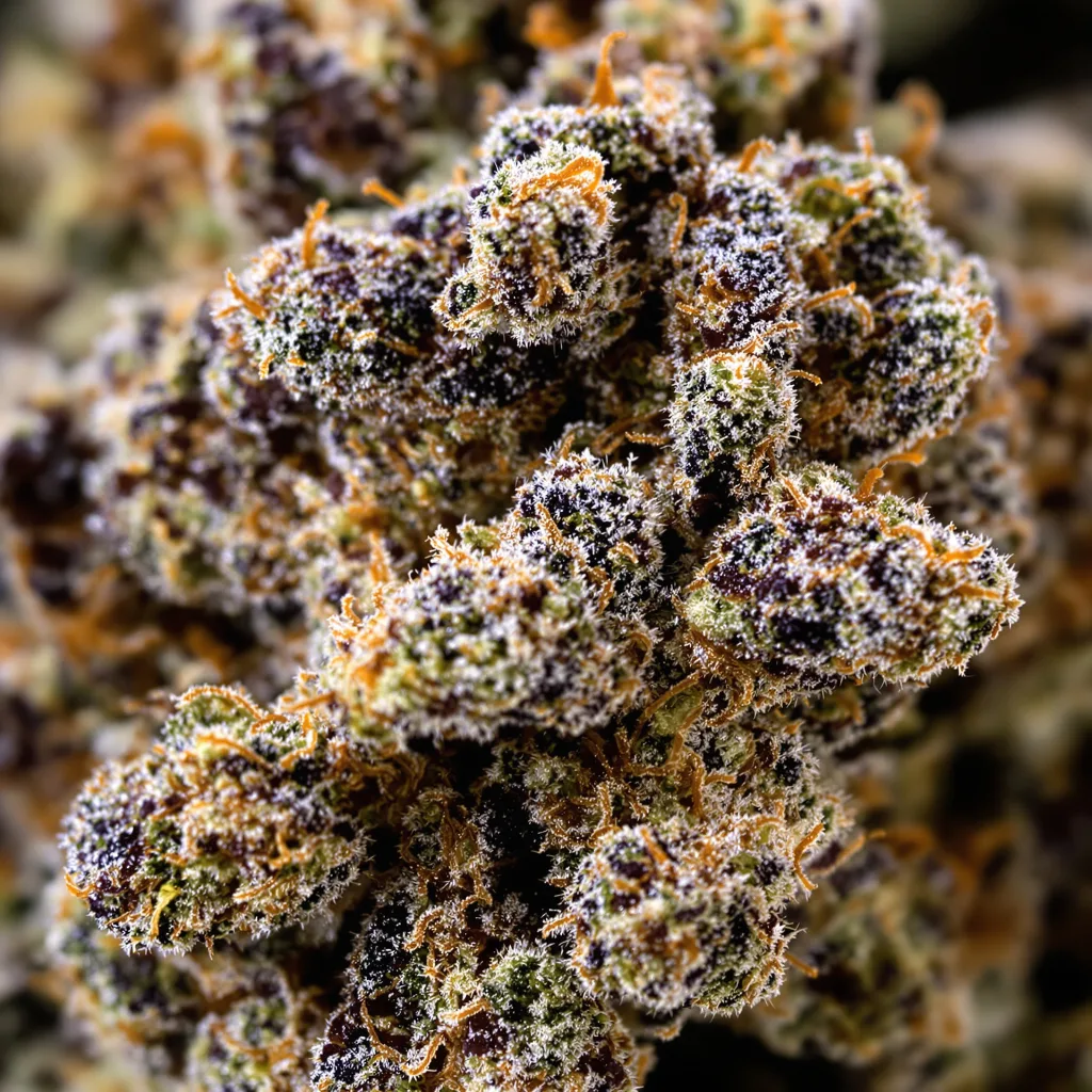 Primer plano de cogollo de cannabis Pure Afghan mostrando cálices densos con tonos morados