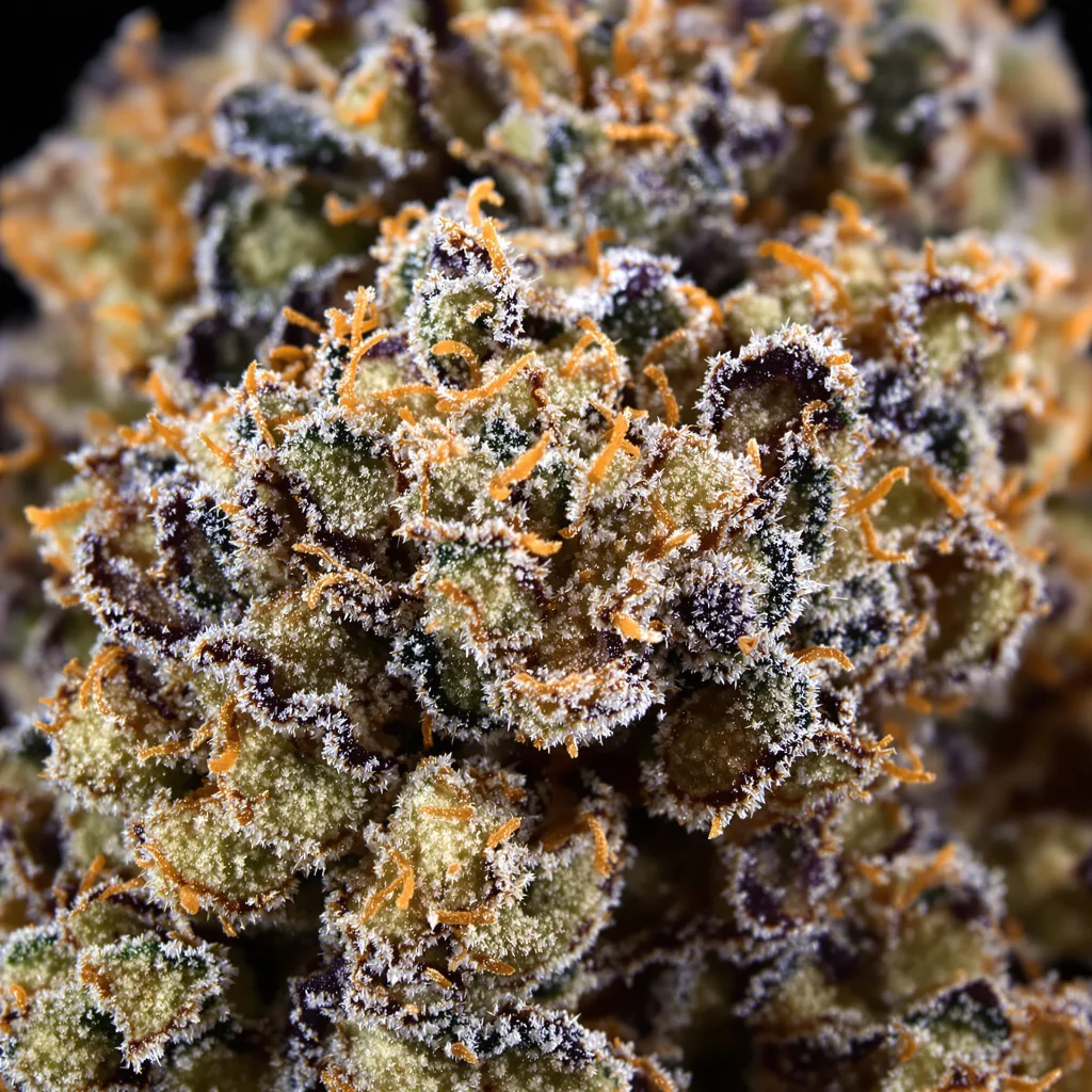 Primer plano de cogollo de cannabis Pure Indica mostrando cálices densos con tonos morados