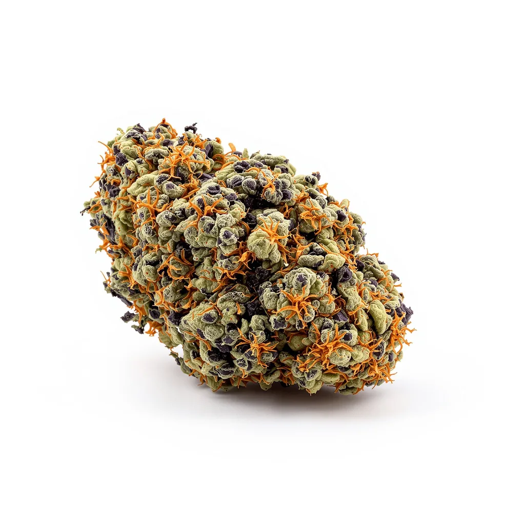 Pure Kush 70% indica / 30% sativa — flor con tricomas visibles