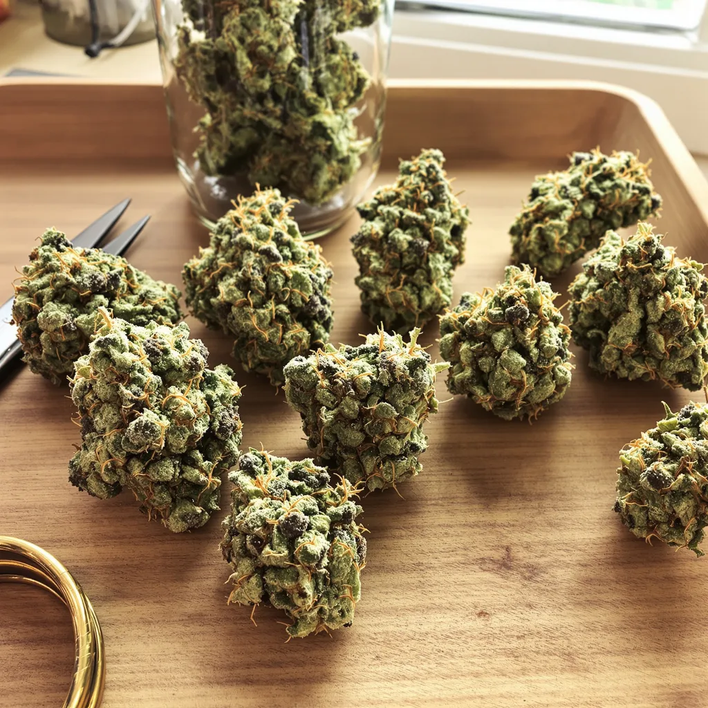 Pure Love 42% indica / 58% sativa — flor con tricomas visibles