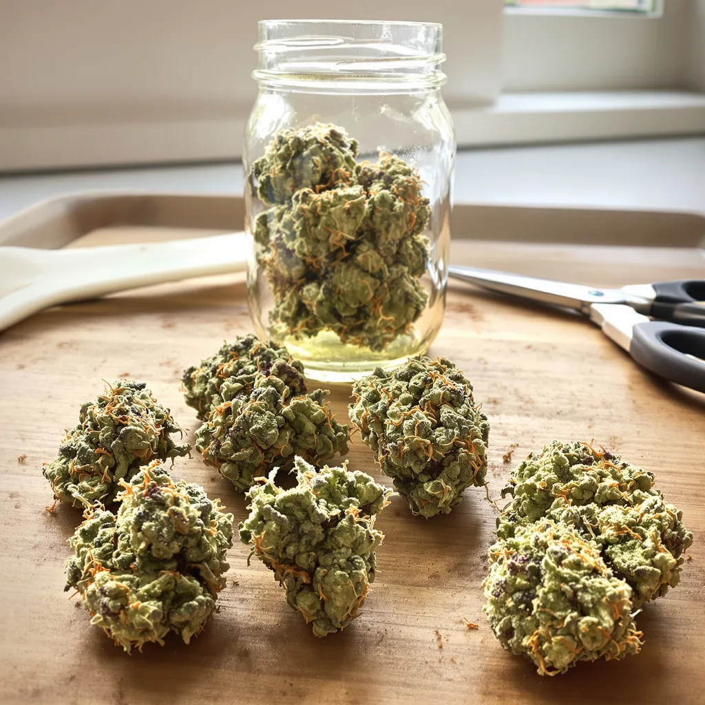 Pure Love 42% indica / 58% sativa — flor con tricomas visibles