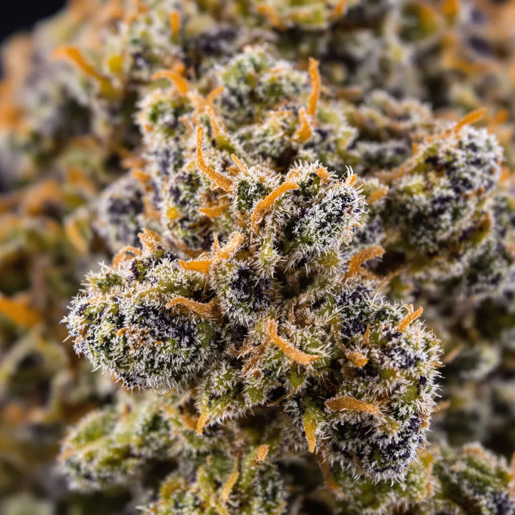 Primer plano de cogollo de cannabis Pure OG mostrando cálices densos con tonos morados
