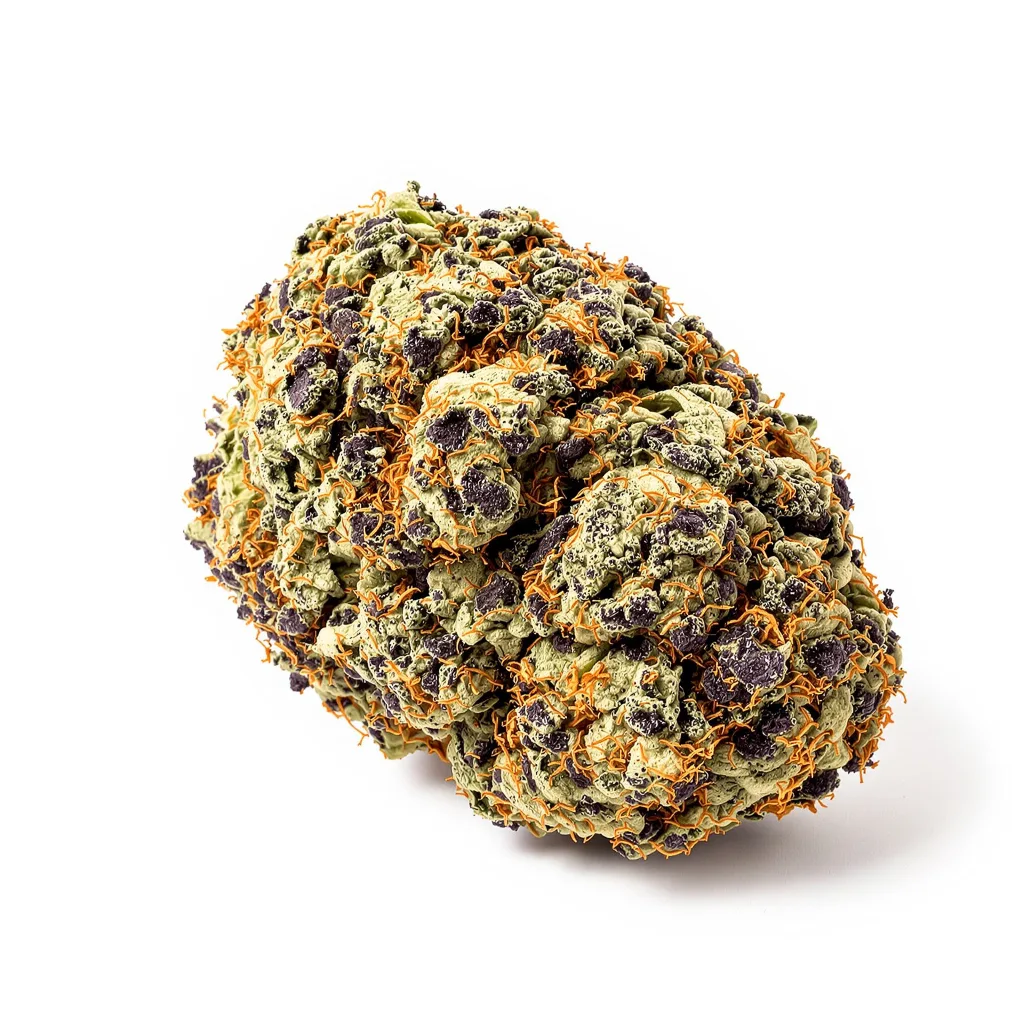 Pure OG 86% indica / 14% sativa — flor con tricomas visibles