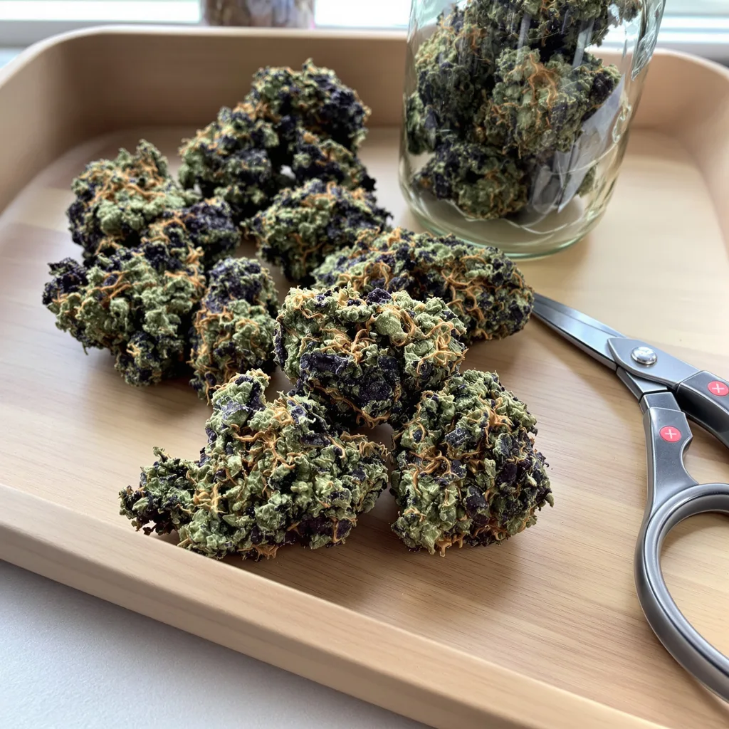 Purple 43 68% indica / 32% sativa — flor con tricomas visibles