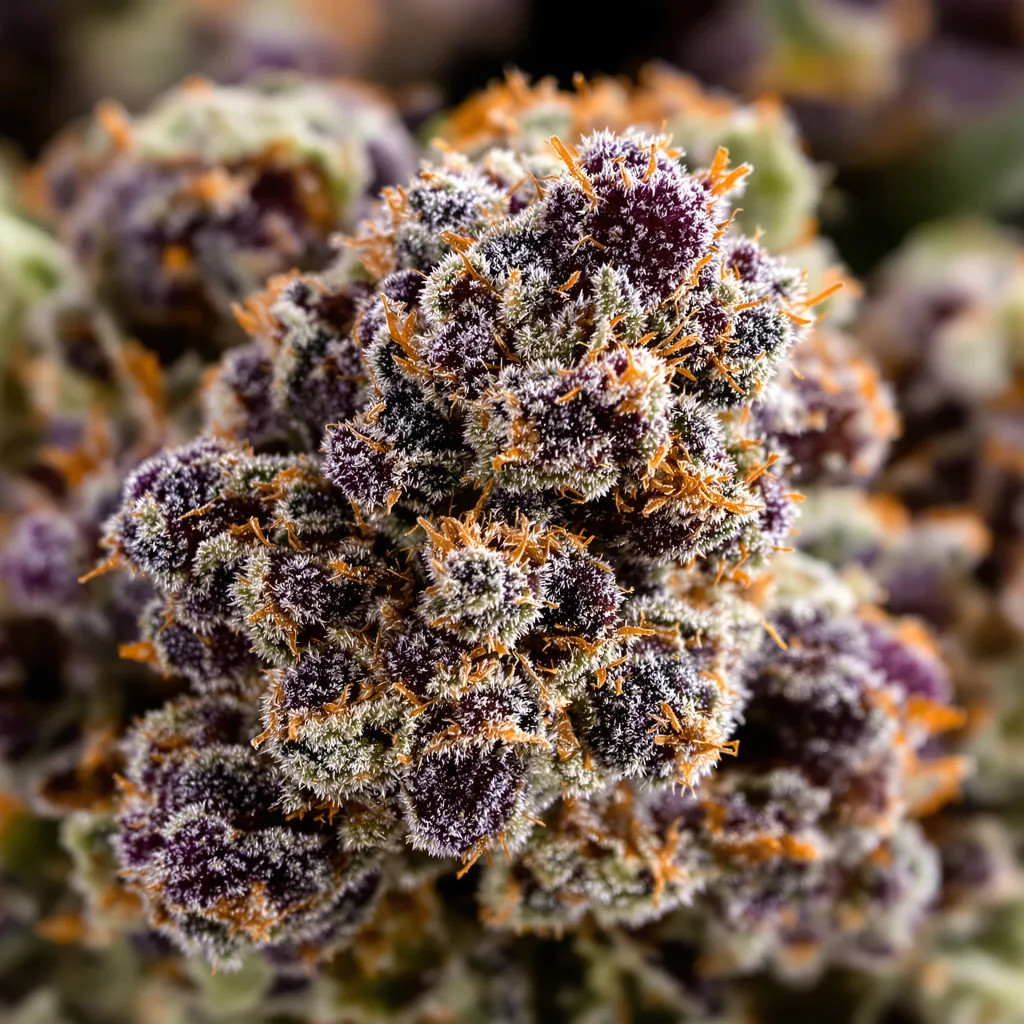 Primer plano de cogollo de cannabis Purple 43 mostrando cálices densos con tonos morados