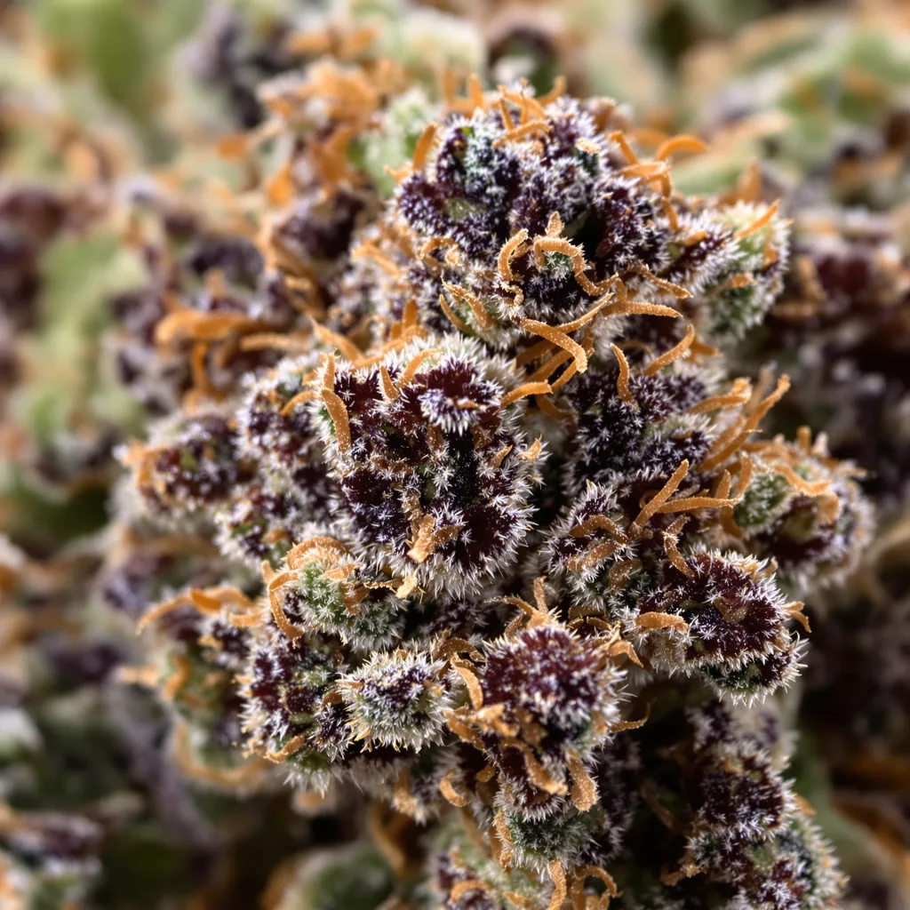 Primer plano de cogollo de cannabis Purple Afghani mostrando cálices densos con tonos morados