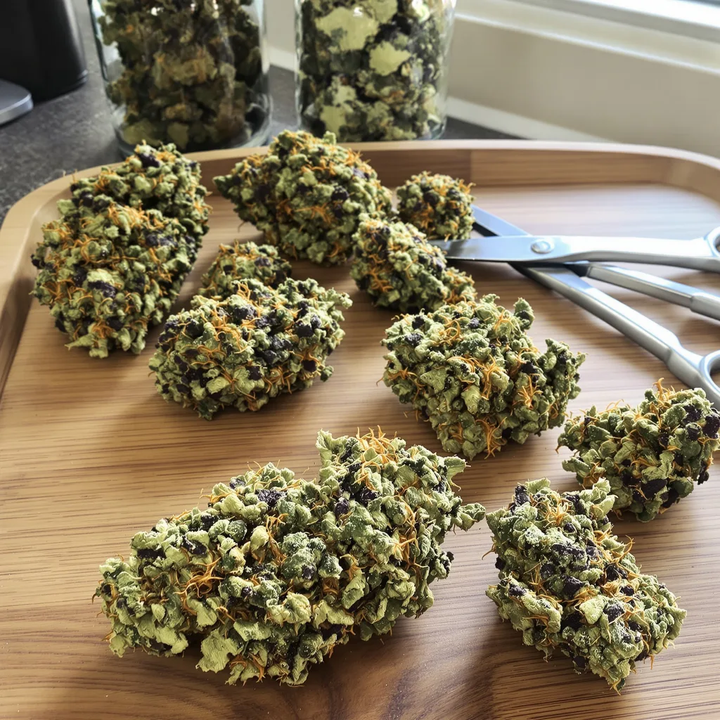 Purple Alien OG 86% indica / 14% sativa — flor con tricomas visibles